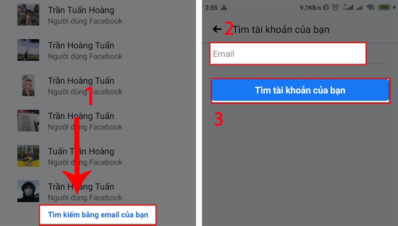 Chọn tìm kiếm bằng email