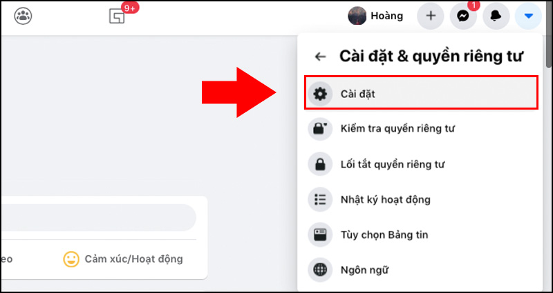 Chọn vào mục Cài đặt