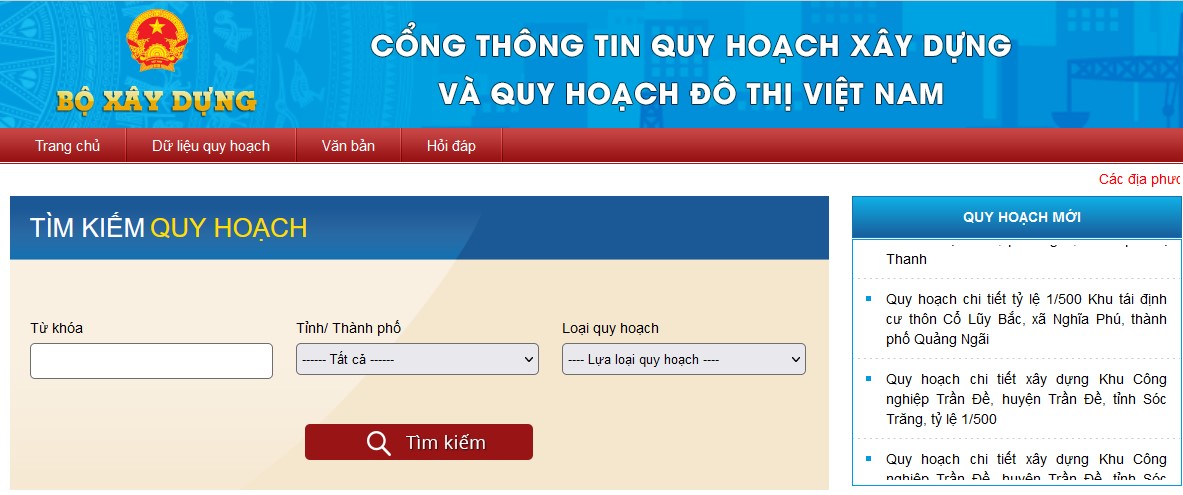 Giao diện trang tra cứu thông tin quy hoạch trên website Bộ Xây dựng