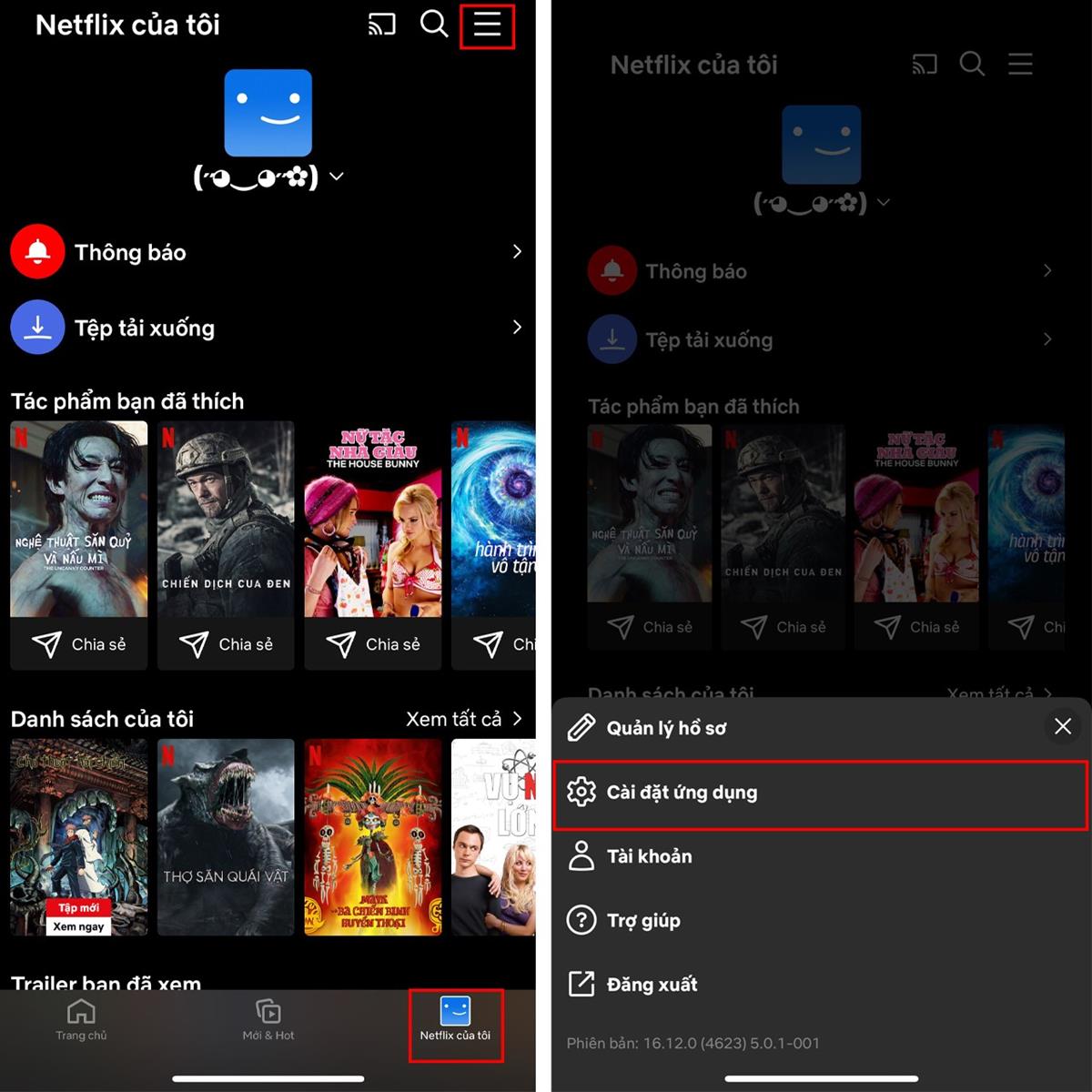 Mở ứng dụng Netflix > Ở phía dưới cùng góc phải màn hình, chọn Netflix của tôi > Chọn vào biểu tượng 3 gạch ở phía trên góc phải màn hình > Chọn Cài đặt ứng dụng dụng.