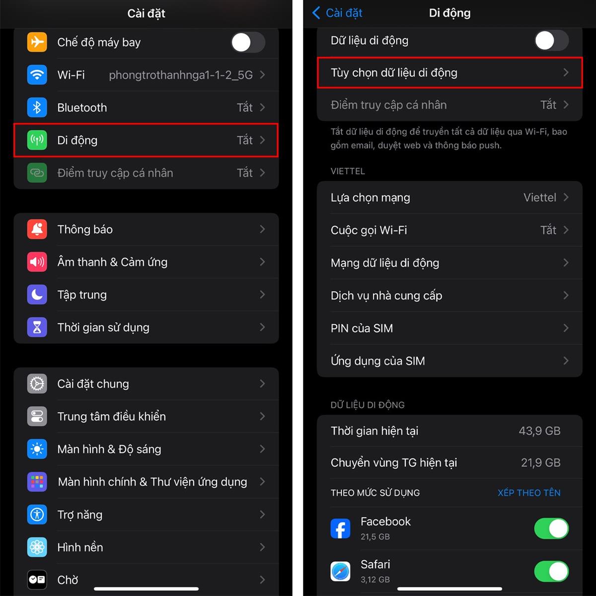 Đầu tiên, chọn Cài đặt của thiết bị > Chọn vào mục Di động > Chọn Tùy chọn dữ liệu di động.