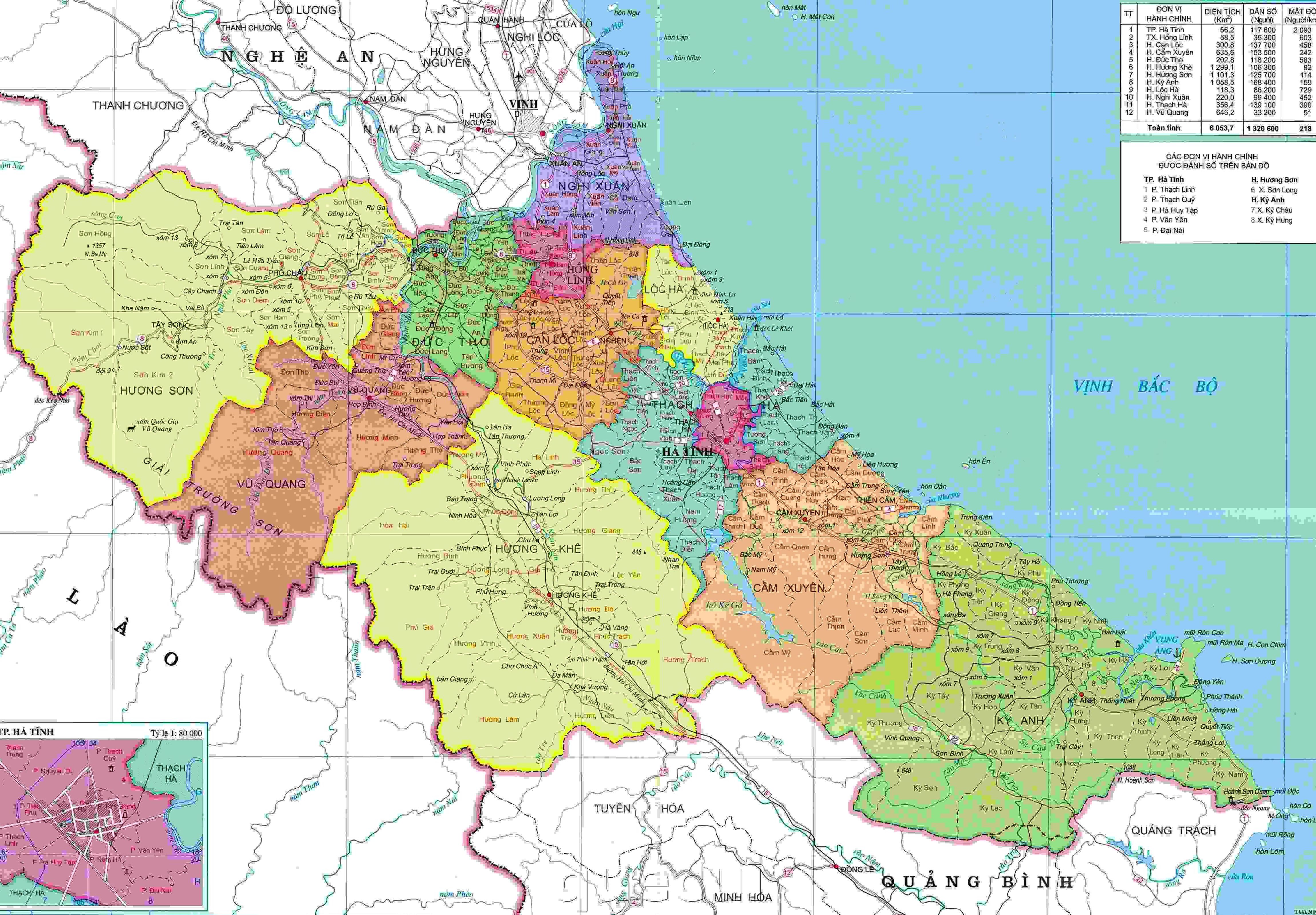 Bản đồ hành chính tỉnh Hà Tĩnh khổ lớn năm 2024