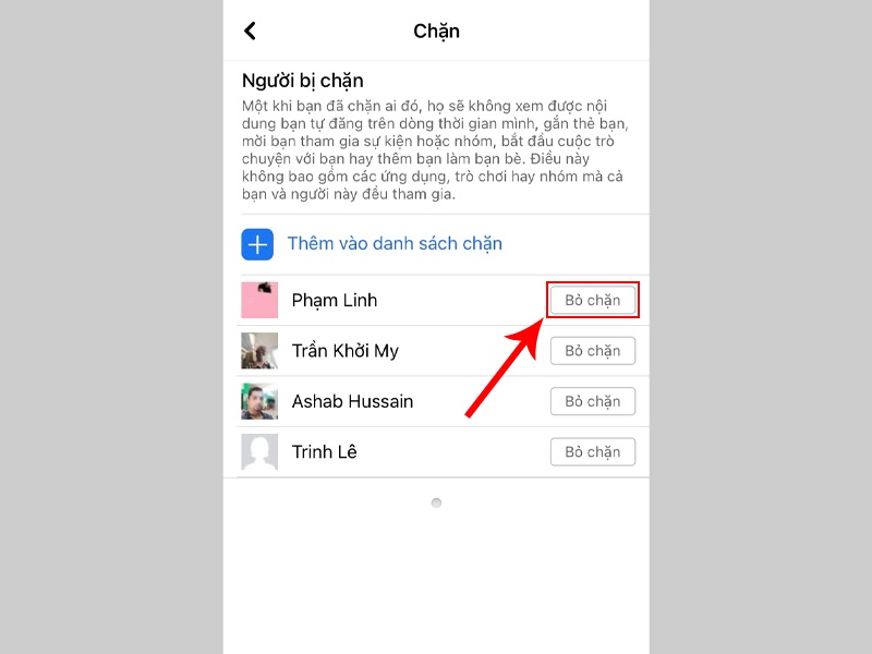 Chọn người bạn muốn bỏ chặn