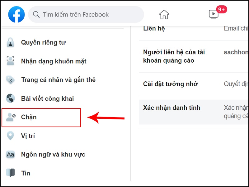 Chọn mục Chặn trong Cài đặt