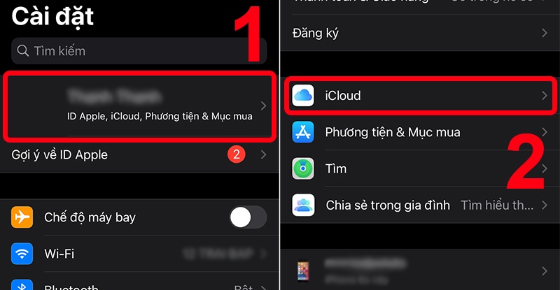 Ấn vào mục iCloud