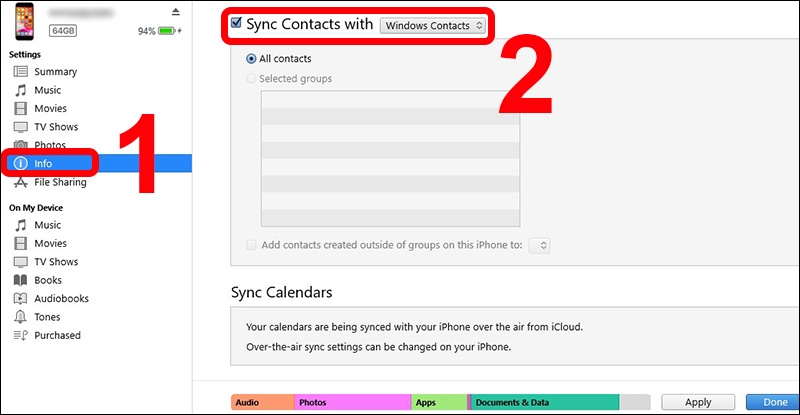 Chọn mục Contacts và chọn Apply