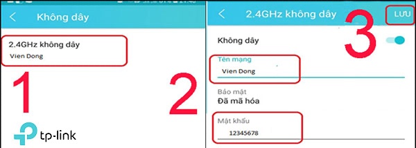 Lựa chọn chính xác tên WiFi mà điện thoại đang kết nối rồi tiến hành đổi mật khẩu tùy thích