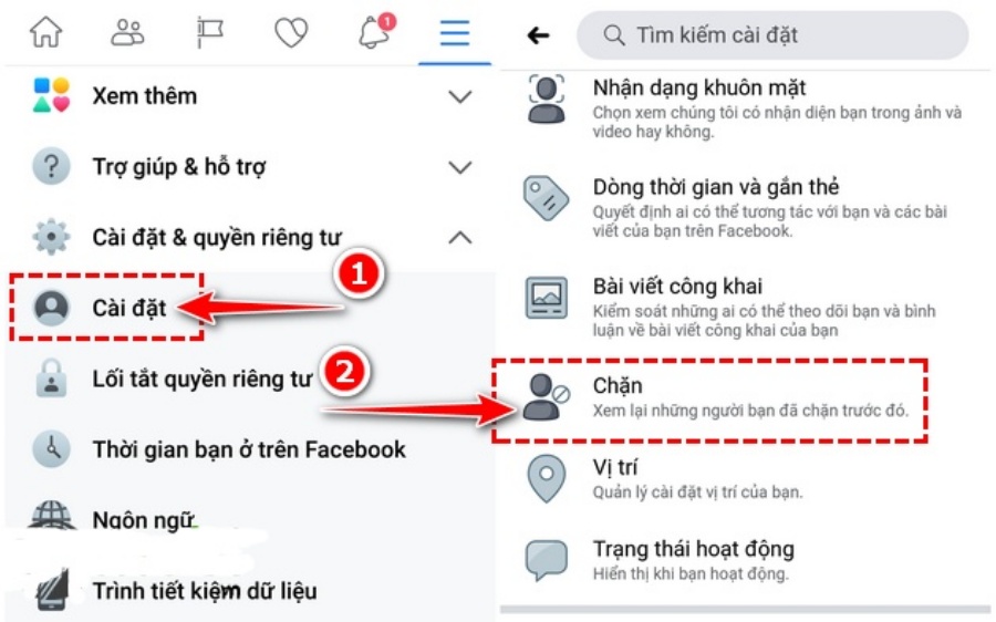 Tại mục Cài đặt -> Bấm Chặn