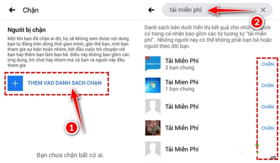 Chọn tên tài khoản muốn Chặn